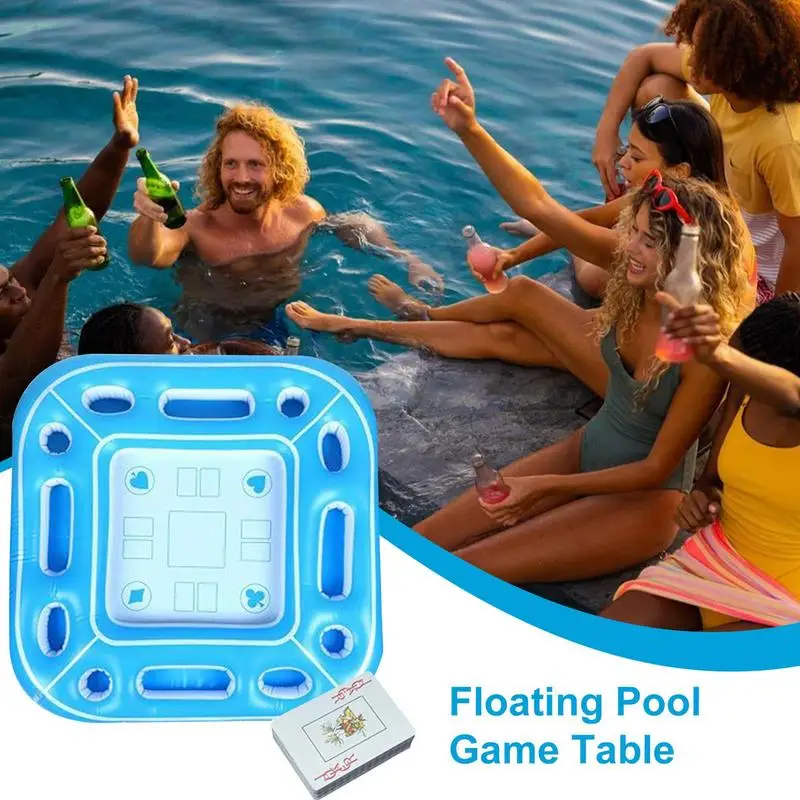 Square Inflatable Pool Card Table with Waterproof Cards, Floating Game Tray & Drink Holder for Family Kids Summer Fun