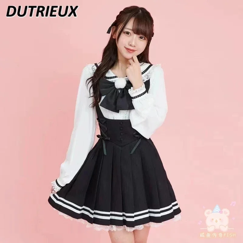 Japanese SC New White Long Sleeve Top Heart Shape Rhinestone Shirt Lace up Short Nipped-Waist Suspender Skirt Mass-Produced Suit