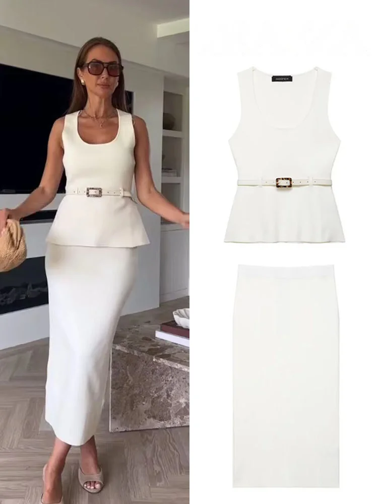 

HH женский летний шикарный жилет без рукавов с круглым вырезом и поясом + элегантная эластичная юбка-миди с разрезом на талии, трикотажный комплект из 2 предметов