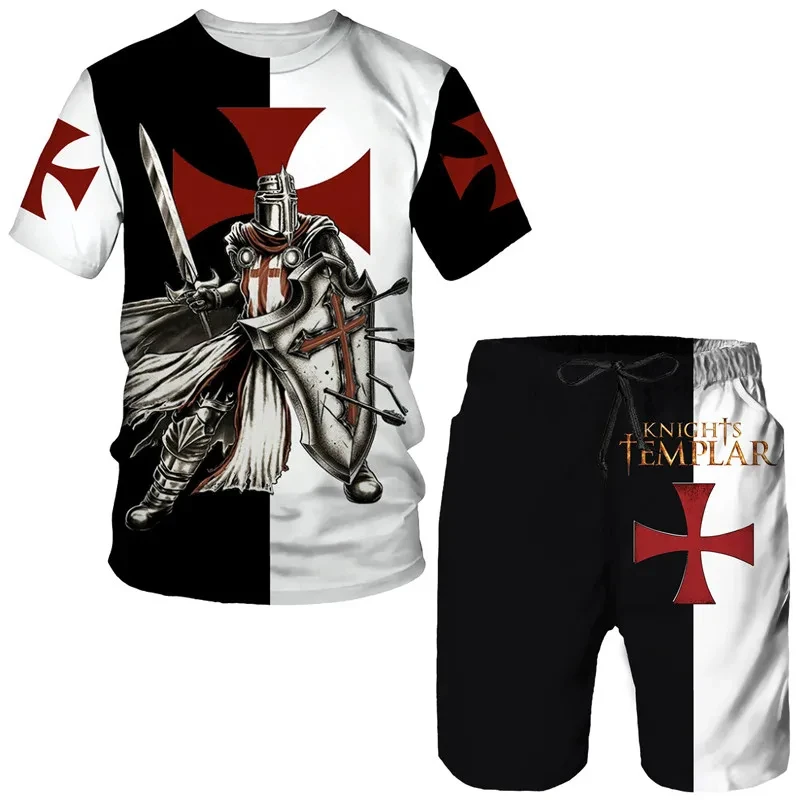 Crociato Knight Print Men Suit Hip Hop Temple Harajuku Fashion o-collo t-shirt pantaloncini 2 pezzi Outfit set abbigliamento Vintage