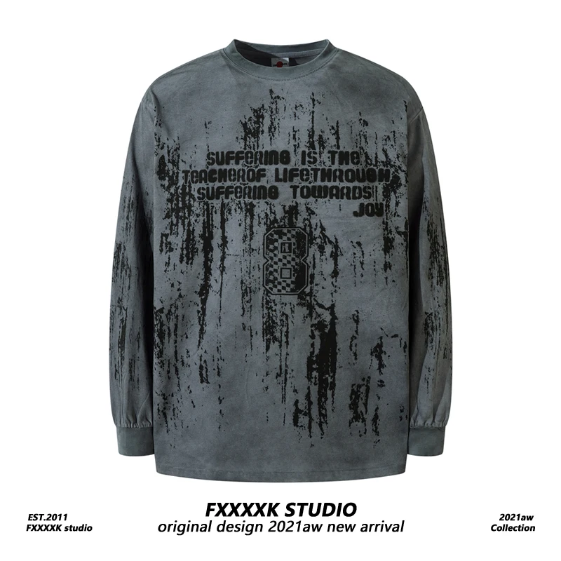 

FXK Original American Retro Waed Digital Print Loose Pure Cotton Long Sve T-irt Base irt Top for Autumn Season