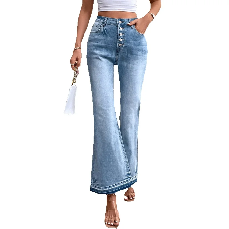 

Autumn New Solid High Waist Jeans For Women's Casual Versatile Button Fit Flare Pants Women