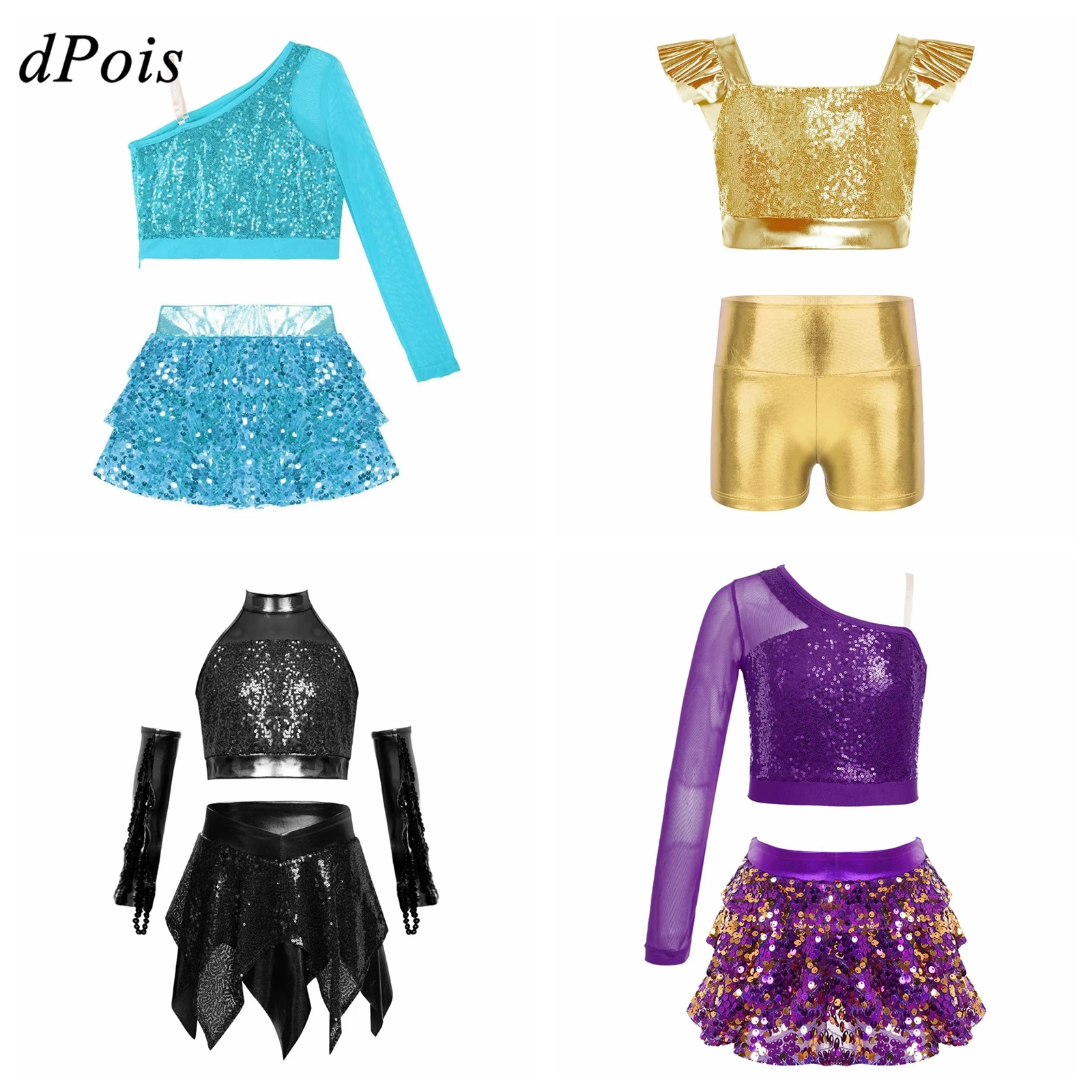 

Kids Girls Metallic Disco Costumes Latin Dance Outfit Sequin Cha Cha Performance Jazz Sparkling Hip Hop Clothes Children Costume