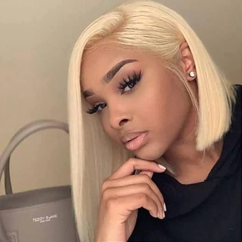 

Короткий парик-боб из натуральных прямых волос, блонд 613, с кружевной передней частью 13x4, бразильские, на распродаже, предварительно прорезанные.