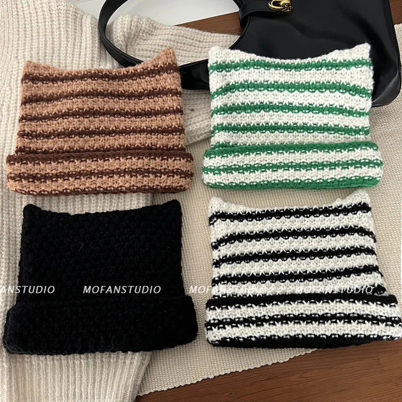 Gorro japonés Y2K para mujer, gorro de punto a rayas con orejas de gato, Jersey puntiagudo, Otoño e Invierno