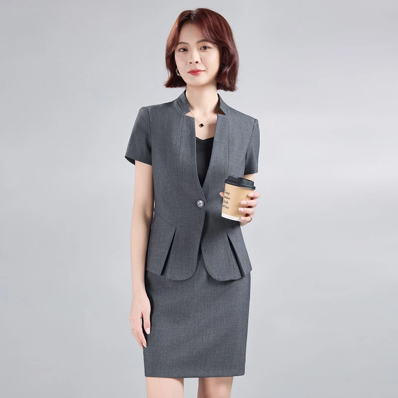 High-end gray women's summer thin business suit, plus-size short-sleeve workwear, manager blazer, work uniform for summer