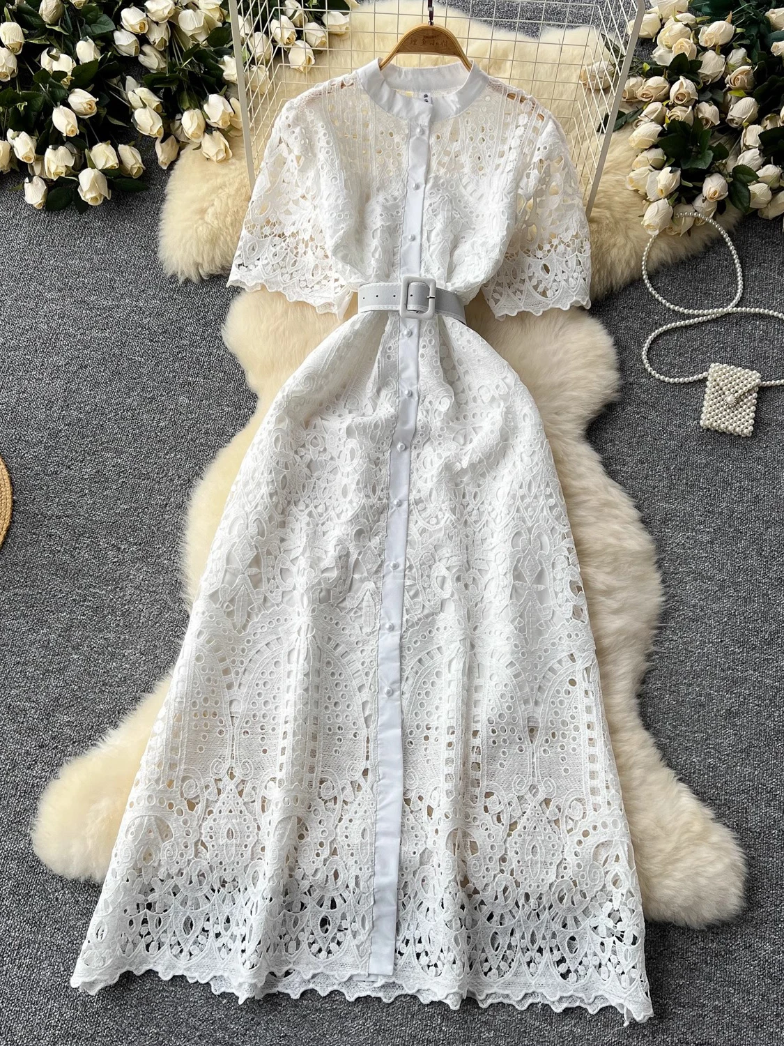 Summer Vintage Women Lace Party Long Dress Elegant Stand Collar Single Breasted Short Sleeve Hollow Out Maxi Vestidos Robe New