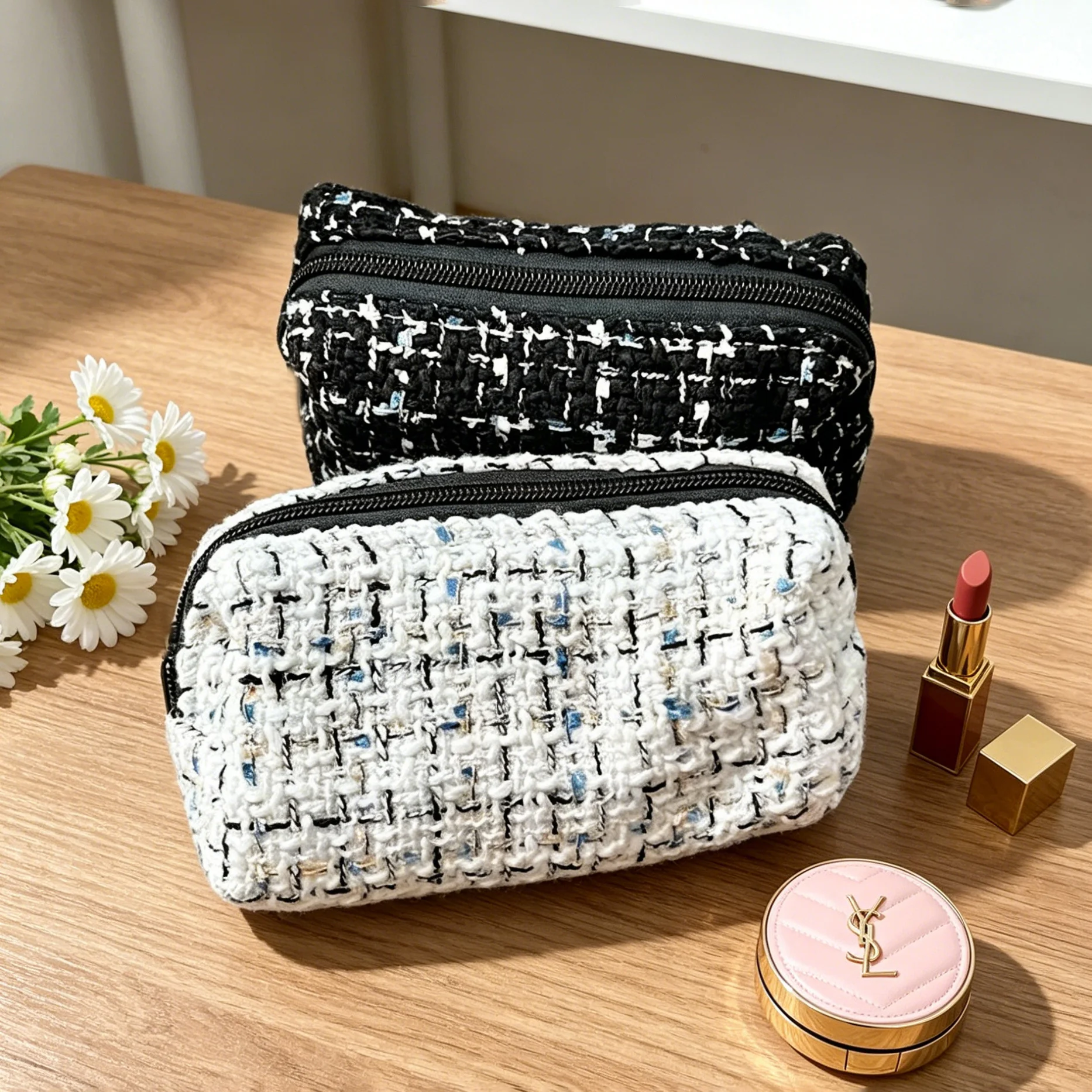 BUYLEMO Tweed Style Polyester Zipper Cosmetic Bag, Large Capacity Portable Makeup Storage Pouch