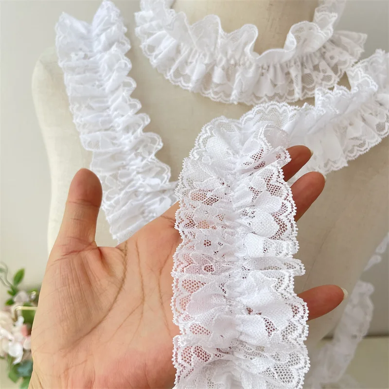 1 Yard 4CM Wide White Mesh 3D Pleated Elastic Lace for Fringes Trim Prom Party Dress Curtains Doll Sewing Accessories Supplies