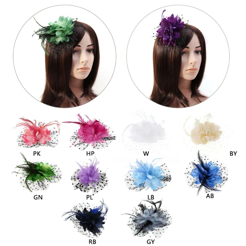 Fascinator Hats for Women Mesh Veil Flower Cap with Feather Pearl and Hair Clip Cocktail Tea Party Brooch Pin Headwear