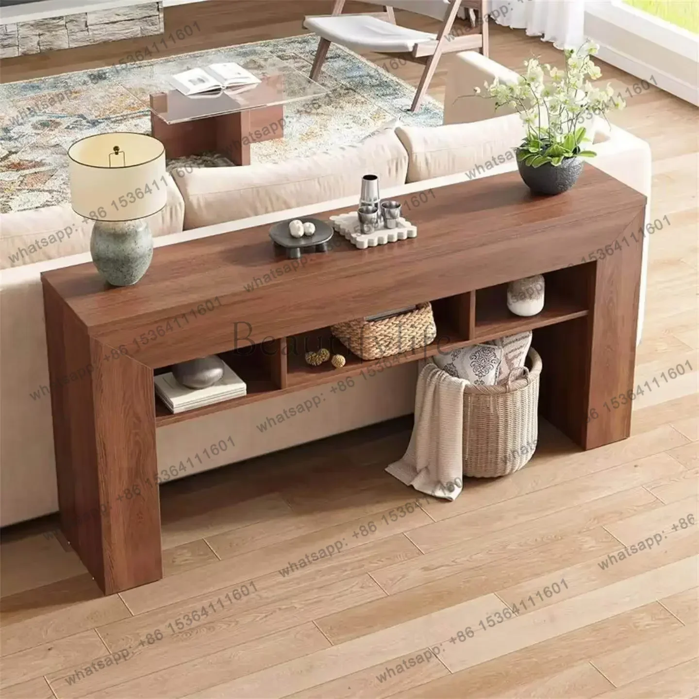 YJ  Modern Simple Entrance Table Wooden Strip Storage Table Living Room Sofa Back A Few Storage Table Rectangular Strip Case