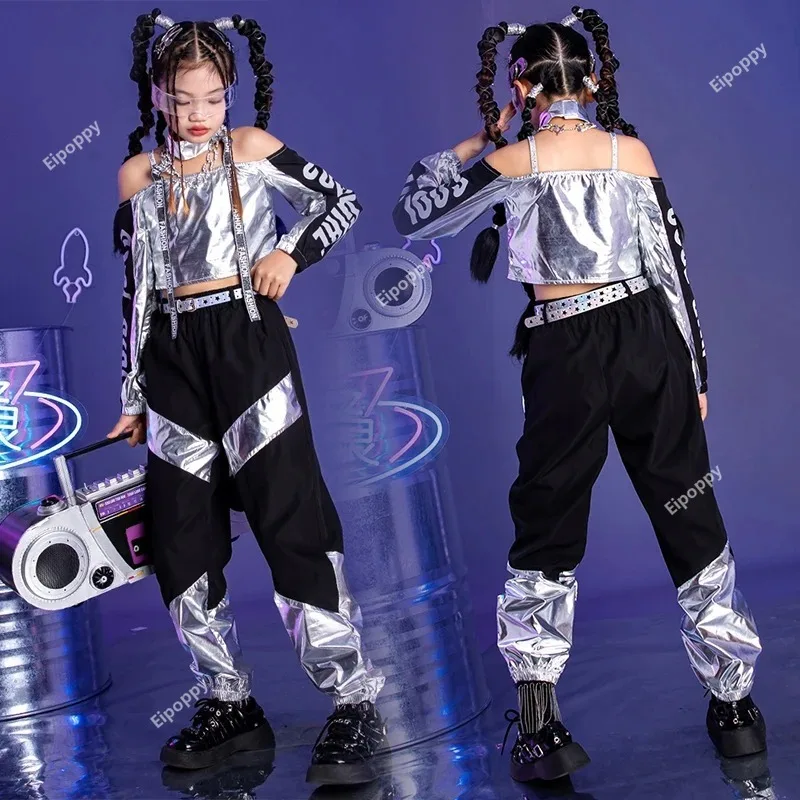 

2024 Silver Hip Hop Street Dance Performance Costume Tops Pants Jazz Dancing Outfit Cheerleading Clothes