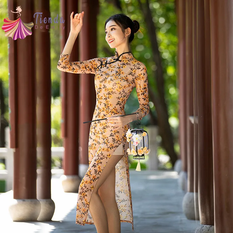 

Women Classical Dance Body Rhyme Clothing Chinese Folk Dance Costume Morden Cheongsam Floral Gauze Dress Elegant Long Hanfu 2XL