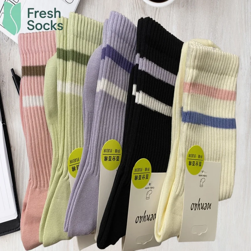 5Pair Woman Crew Toe Winter Socks Mid Tube Striped Comfortable Cotton Stockings Autumn Sweat Absorbing High-Quality Socks Sports