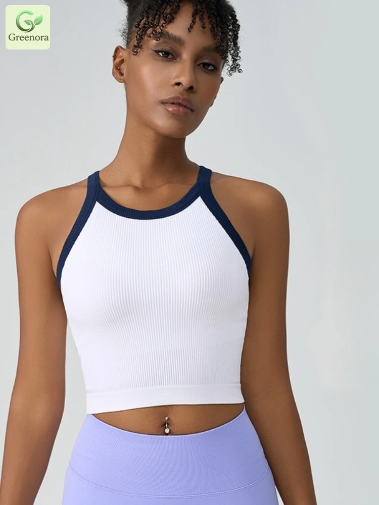 Seamless Ribbed Workout Tank Top - เสื้อครอปโยคะ Greenora แบบมีริ้ว แต่งขอบตัดสี สำหรับผู้หญิง เสื้อกล้ามออกกำลังกายไร้รอยต่อ
