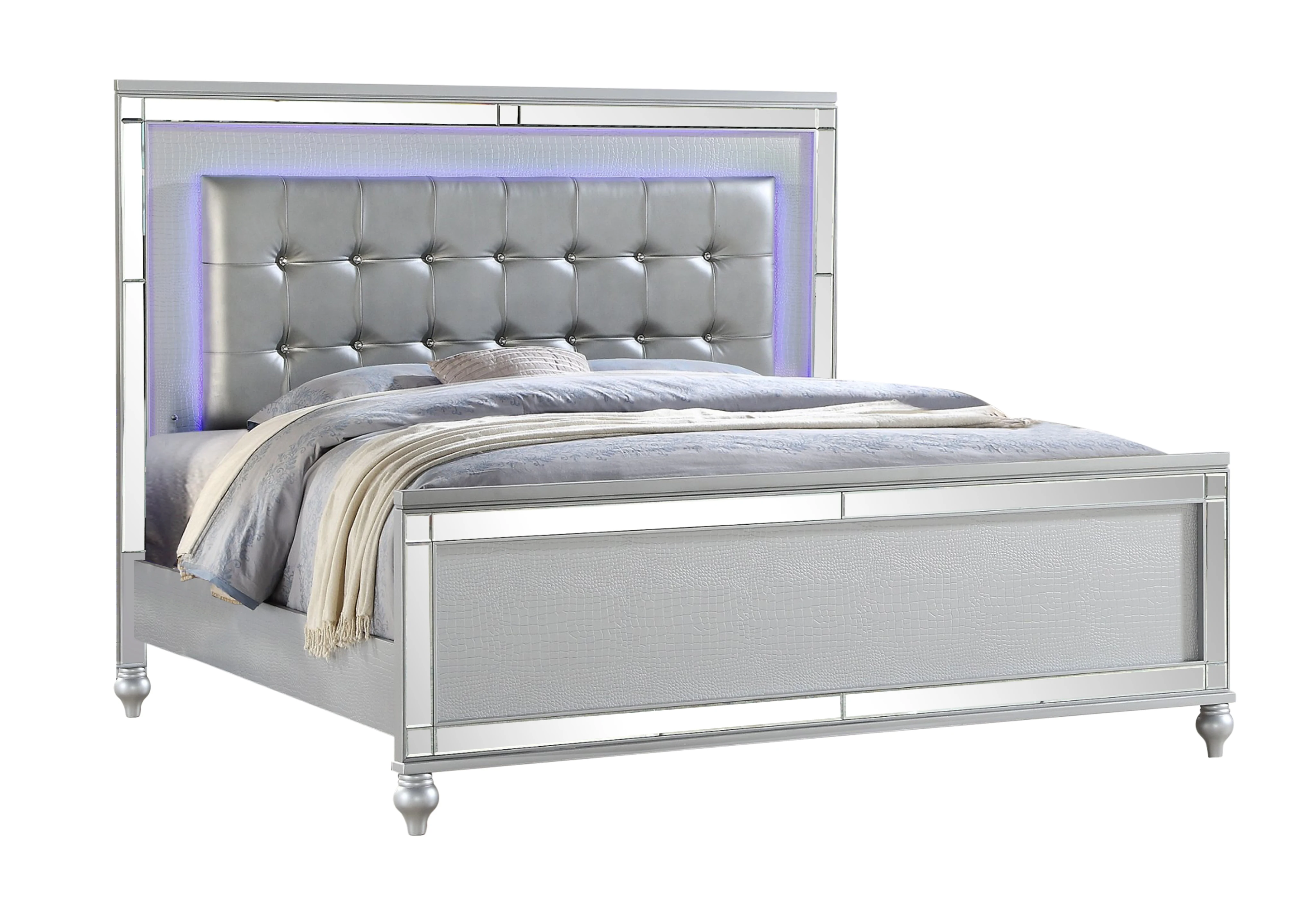 

Sterling King Size Upholstered LED Bed made with wood in Silver Color