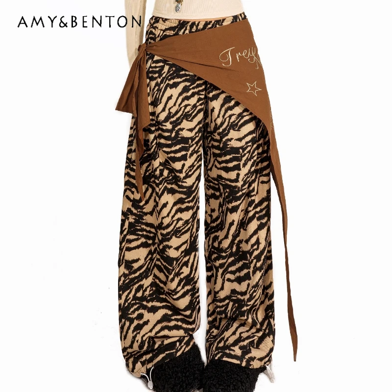 

European American Sweet Cool Hot Girl Striped Women's Pants Autumn New Layered Butt Curtain Tie Loose Versatile Trousers Ladies