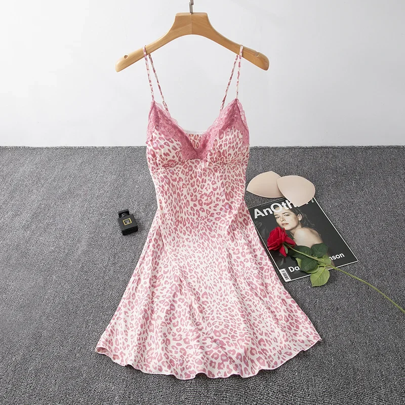 

Sexy Sleepwear Women Sleeveless Nightgown Summer Mini Dress Lace Homewear Print Pajamas Night Gown Nightwear Silk Nightgown