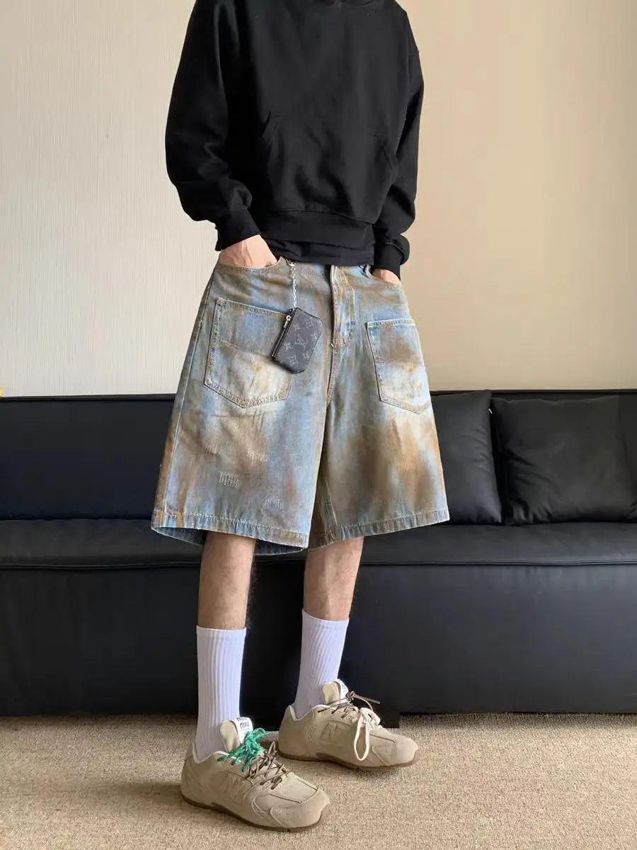 

Retro American High Street Distred Denim orts for Men Trendy Brand ket Design Post-aalyptic Loose Waed Five-poin...