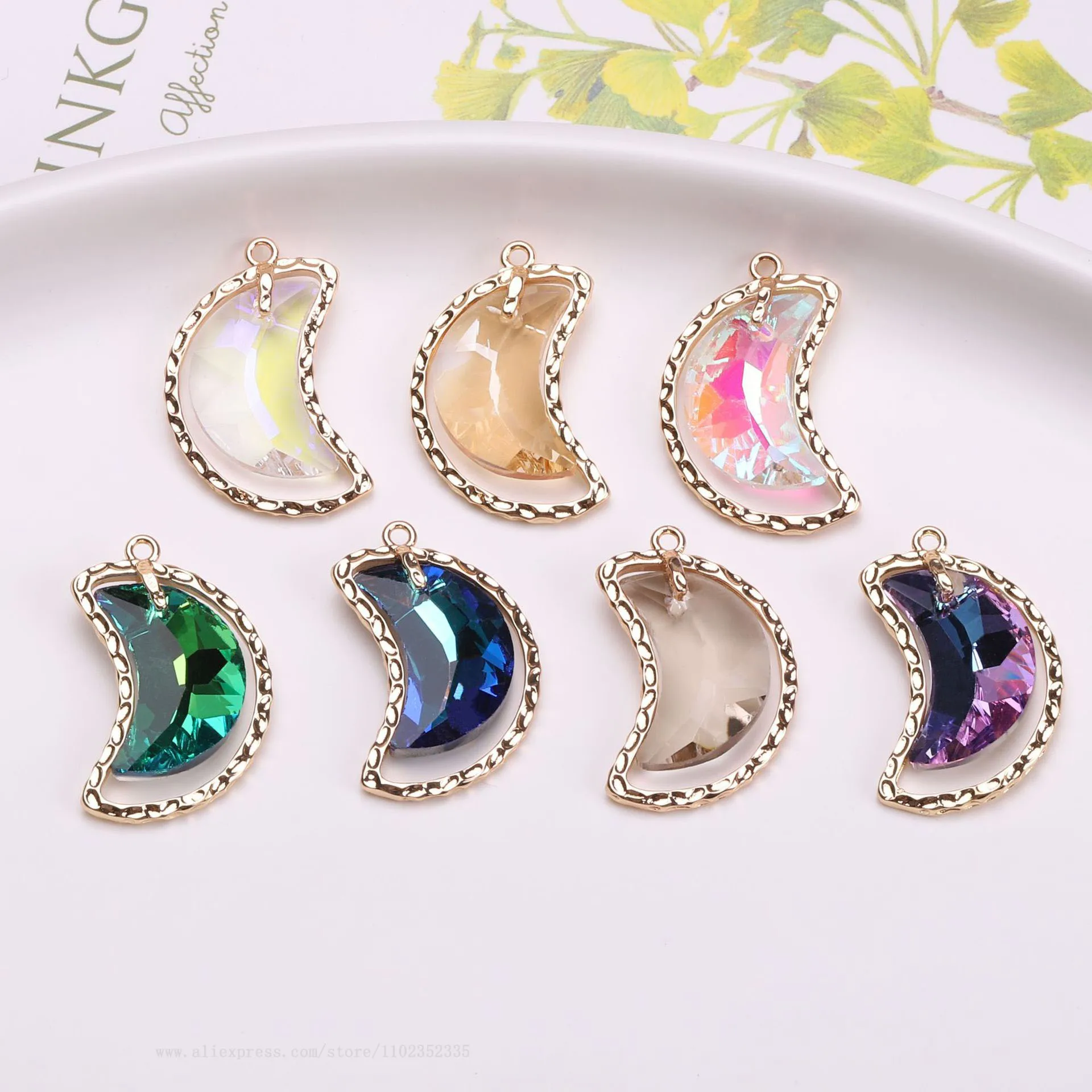 10pcs/ Bag  Copper edging colored crystal glass moon pendant DIY jewelry pendant accessories Hand necklace Earring material