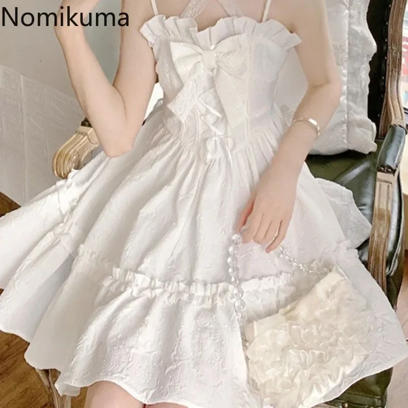 Vestidos de mujer 2025, vestidos de verano bonitos para mujer, estilo Lolita, vestido japonés dulce, vestido blanco con lazo y volantes