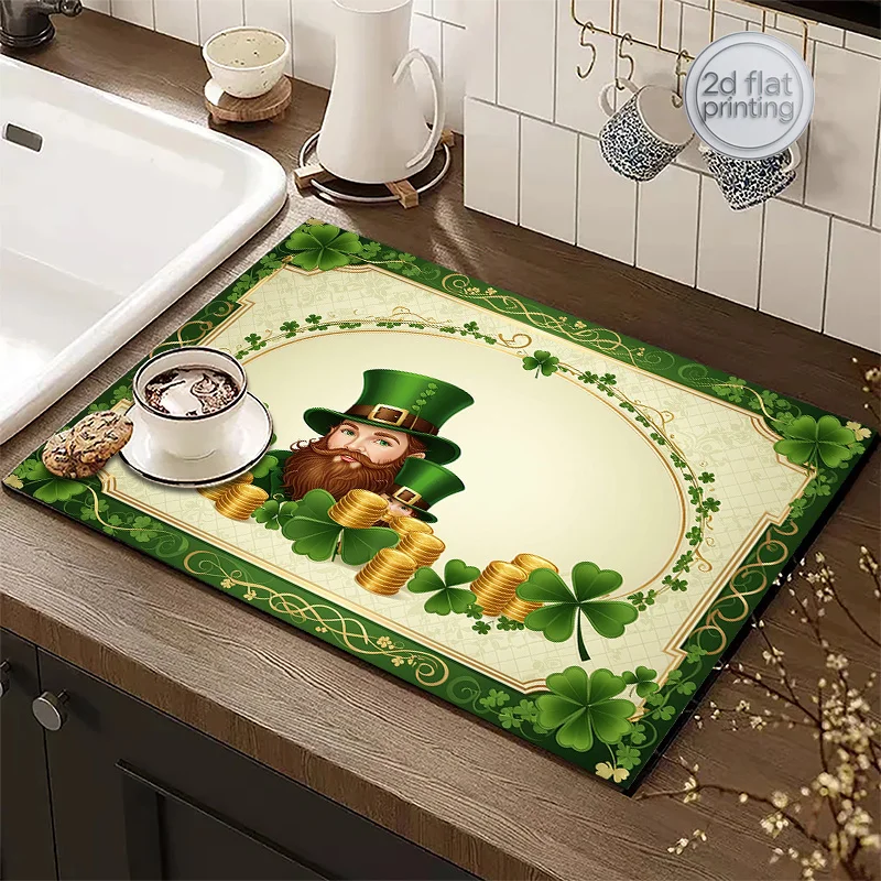 1pc, Dish Drying Mat with Leprechauns, Golden Coins & Clovers in Green and Golden Print, Drip Drying Mat, Washing Machine Counte