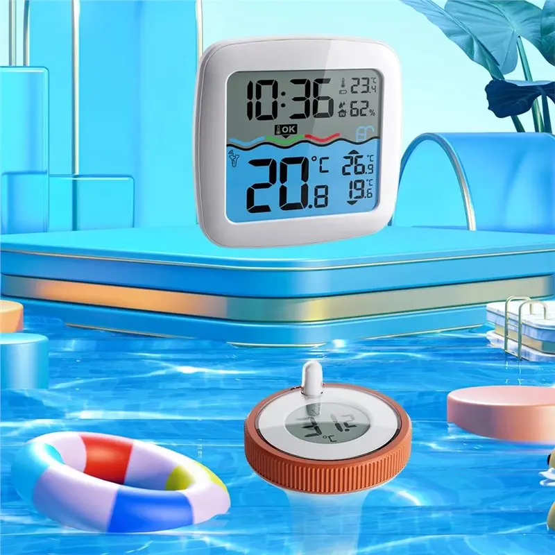 ميزان حرارة المياه العائمة مع ساعة حمام سباحة لاسلكي لحمام السباحة ومقياس حرارة الحمامات