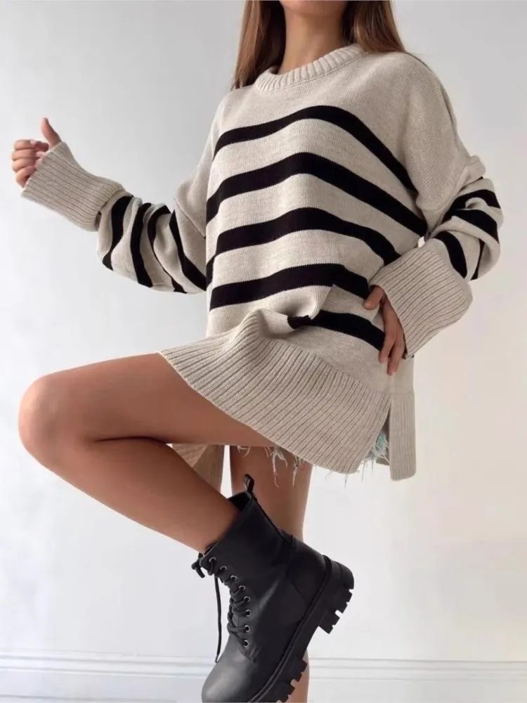 

Women's Winter Autumn Tops Knit Sweater Striped Round Collar Pullover Long Sleeve Casual Design Vintage Niche Fashion Clothing