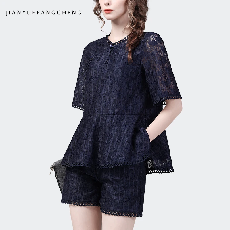 

Vintage Lace Set Women' Summer 2 Piece Suits Short Sleeve Blue Lace Top + Lace Shorts Loose-fitting Plus Size Casual Lady Suits