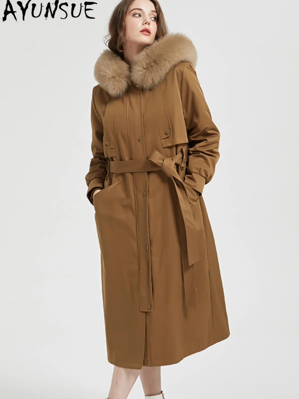 

AYUNSUE Rex Rabbit Fur Parka Women 2025 Пальто из натурального меха Зимняя одежда Длинный стильный плащ Теплый воротник из лисьего меха Пальто Женское