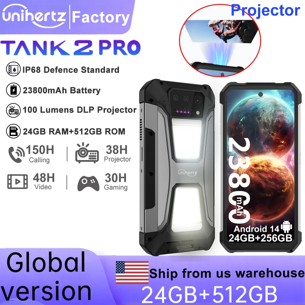 US EU MX Warehouse Unihertz 8849 Tank 2 PRO Rugged Smartphone with Projector,Android 14,24 + 256GB 23800mAh battery,120W charger