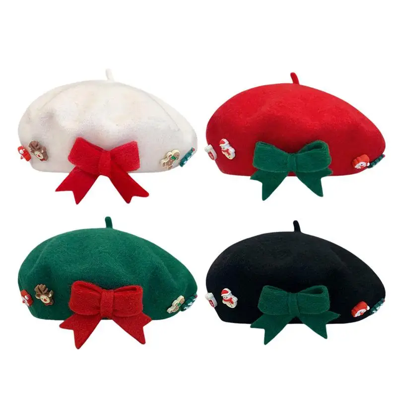 

Christmas Beret Fashion Painter Hat Women Winter French Beret Hat with Bow Santa Wool Painter Hats Beanies Hats for Girls
