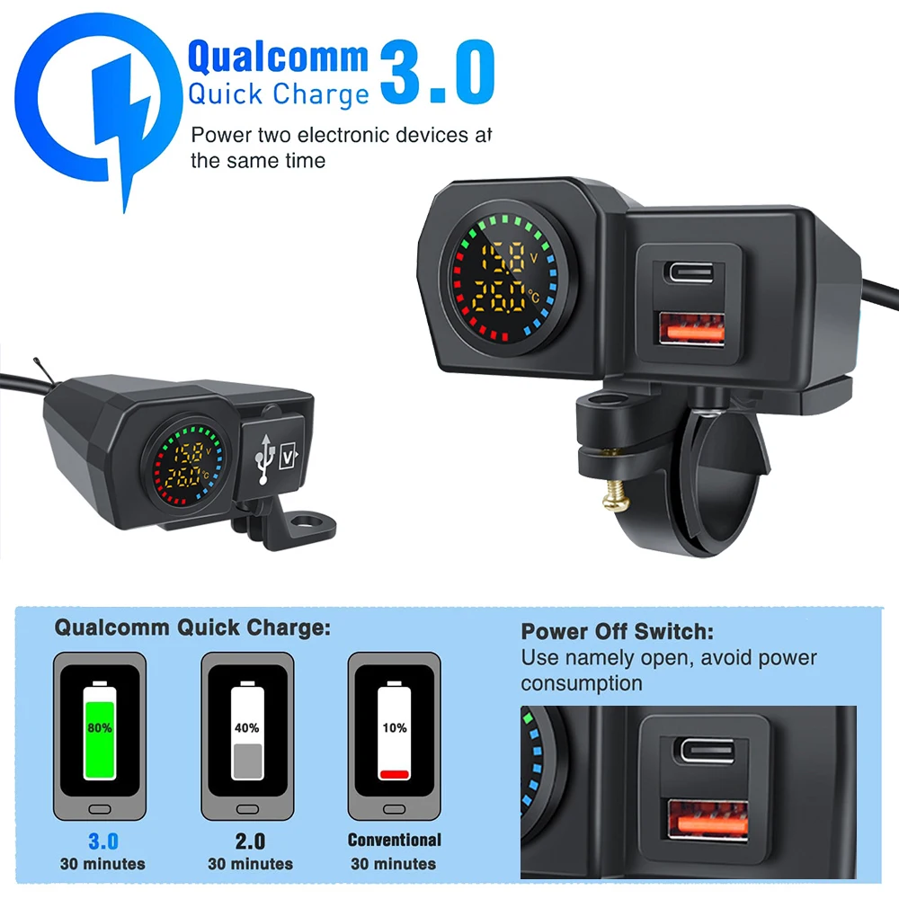 

Motorcycle Charger QC3.0 PD Fast Charging Motorcycle Handlebar & Rear Mirror Mobile Phone Charger Voltmeter Thermometer Display