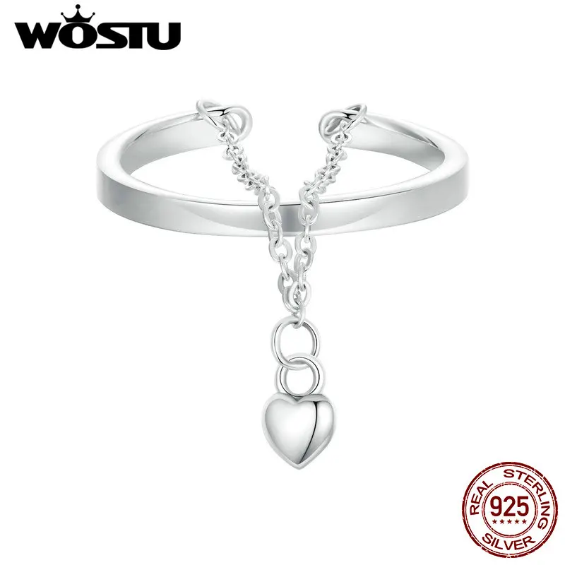 WOSTU 925 Sterling Silver Heart-shaped Opening Ring For Women Double-layer Chain Rings Lovely Family Gift Party Wedding Jewelry