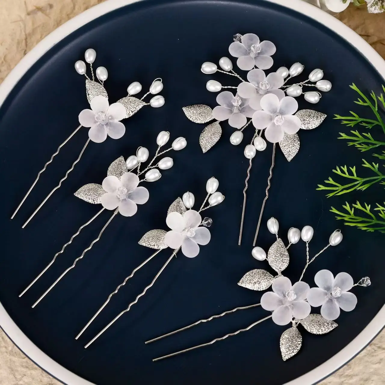Acrylic Flower and Leaf U-Shaped Hairpin Hair Accessory Bridal Wedding Hair Accessory image 5