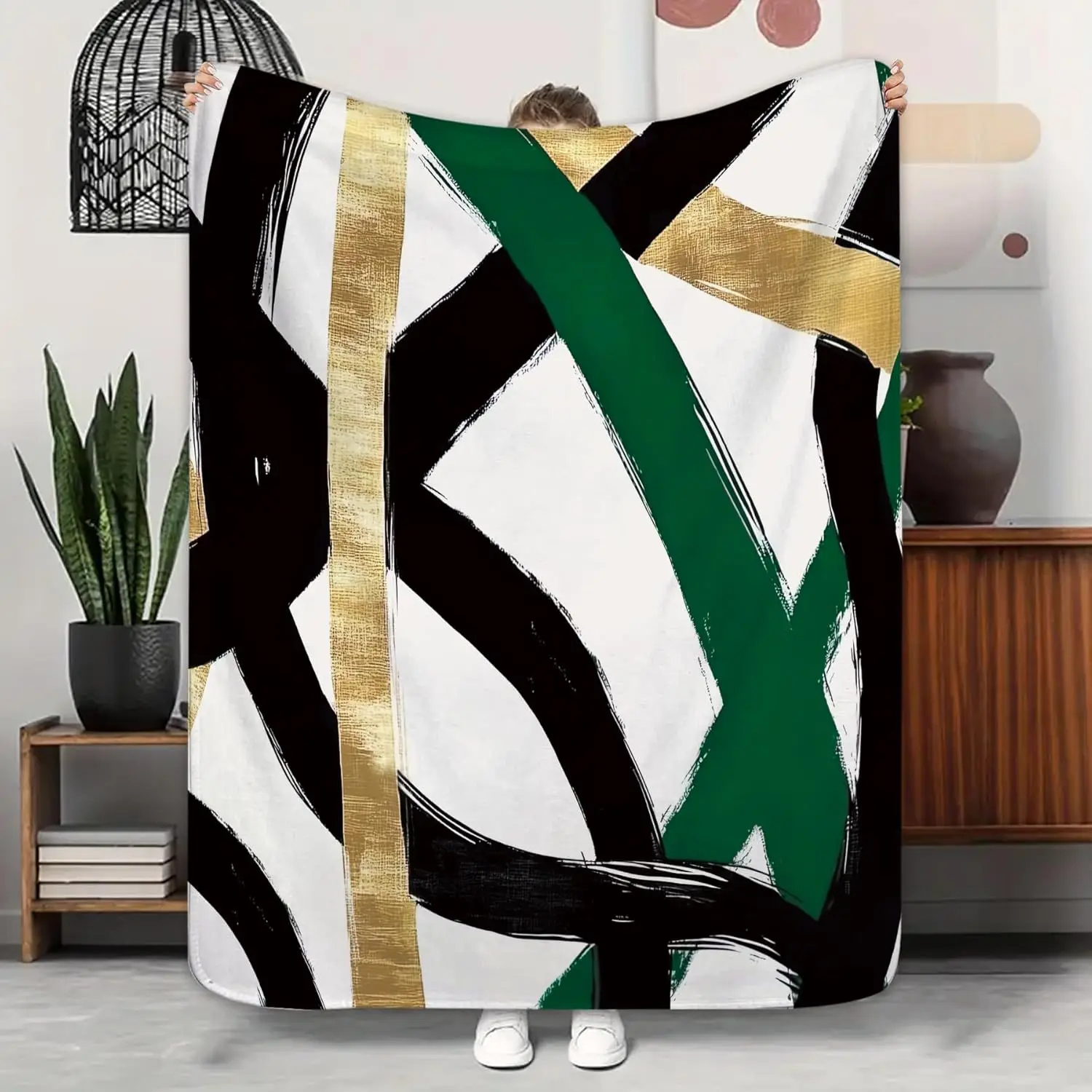 

Черно-зеленое золотое одеяло Line Art Минималистский современный современный нейтральный геометрический подарок на день рождения для дома, спальни, Рождества