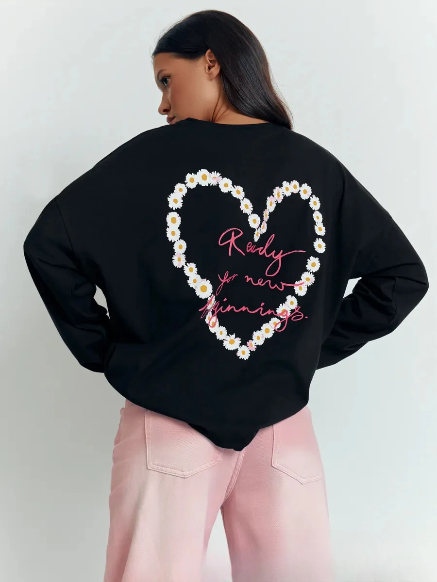 Women Autumn 100% Cotton Long Sleeve T Shirt Daisy Heart Ready For New Beginnings Letter Print Loose Casual Daily Top