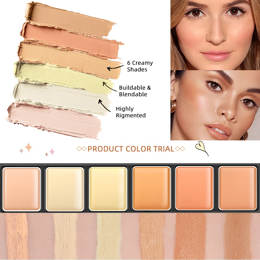 Palette de fard à barrage avec pinceau couvrant pour les cernes, correcteur, fard à joues, crème, contour élevé, maquillage, base, 6 couleurs, 256