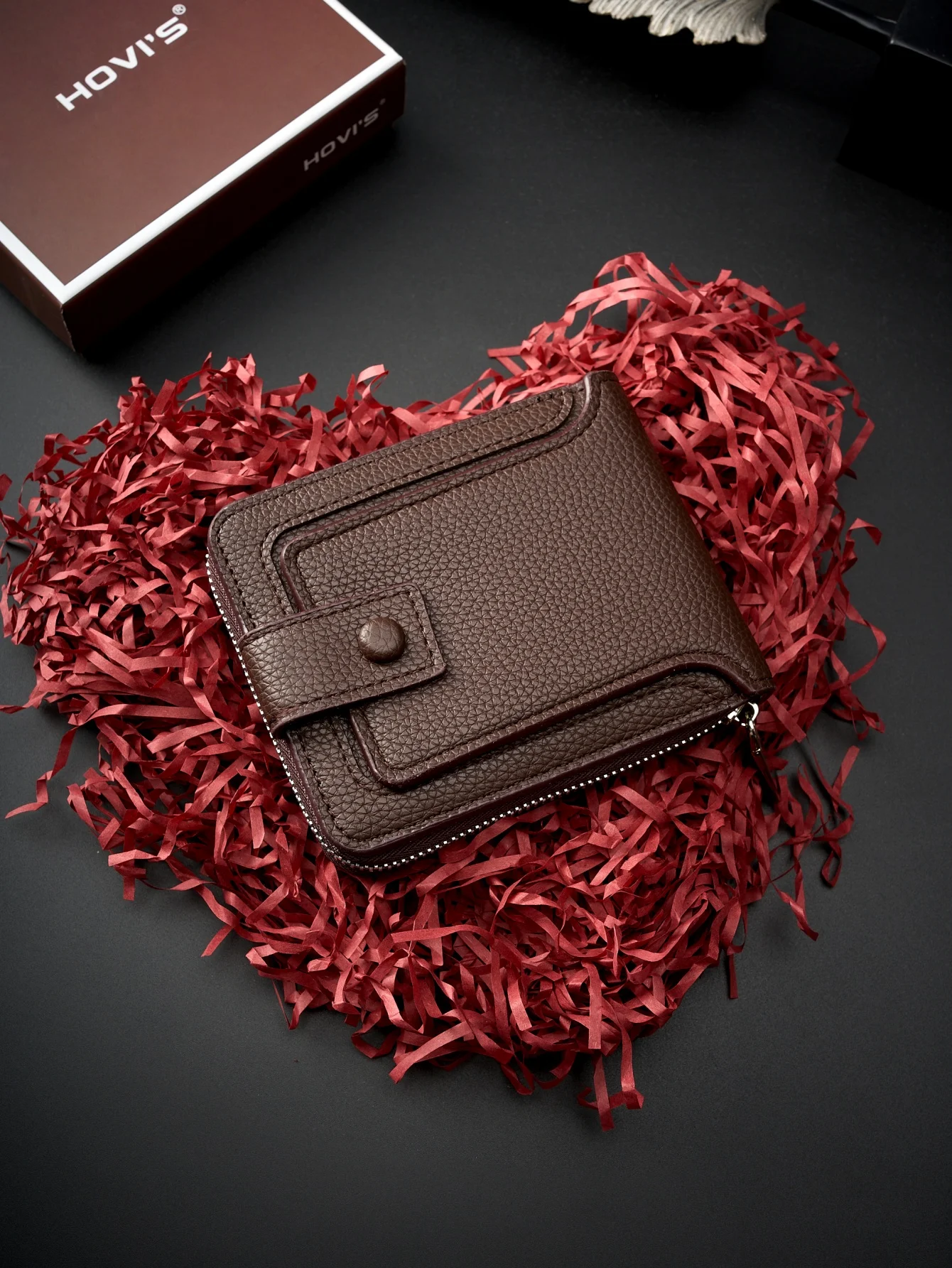 

New Lychee Texture Men's Short Wallet - Horizontal Zipper Multi-Functional Card Holder with Snap Closure Coin Pocket