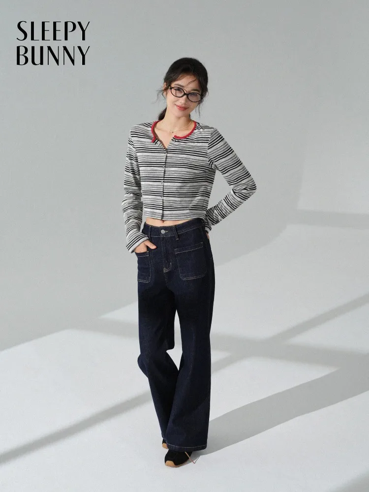 

Striped Long Sleeve T Shirt Women Casual Slim Fit Top Black Grey Contrast Neck Short Crop Tee for Autumn Office and Daily Wear