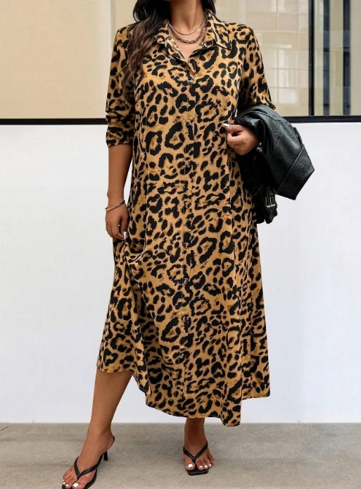 

Women's Loose Dress 2025 Autumn Winter Latest Social Style Flip Collar Leopard Print Long Sleeved Dress Maxi Dress Long Skirt