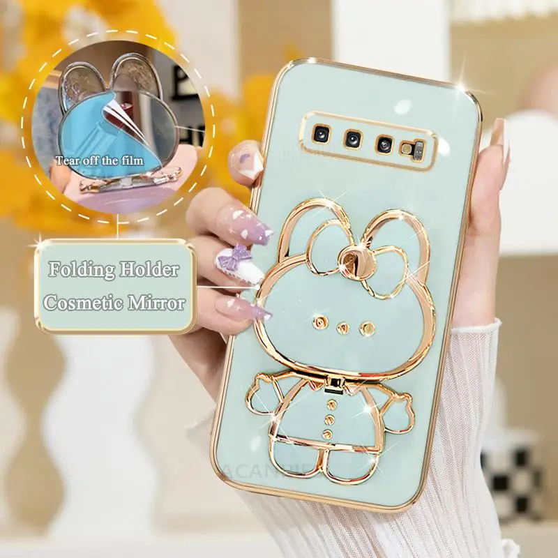 S 10 9 8 Mirror Plating Fold Holder Case For Samsung Galaxy S10 S20 S9 S8 Plus S10plus Note 9 8 20 10 Note8 Silicone Stand Cover