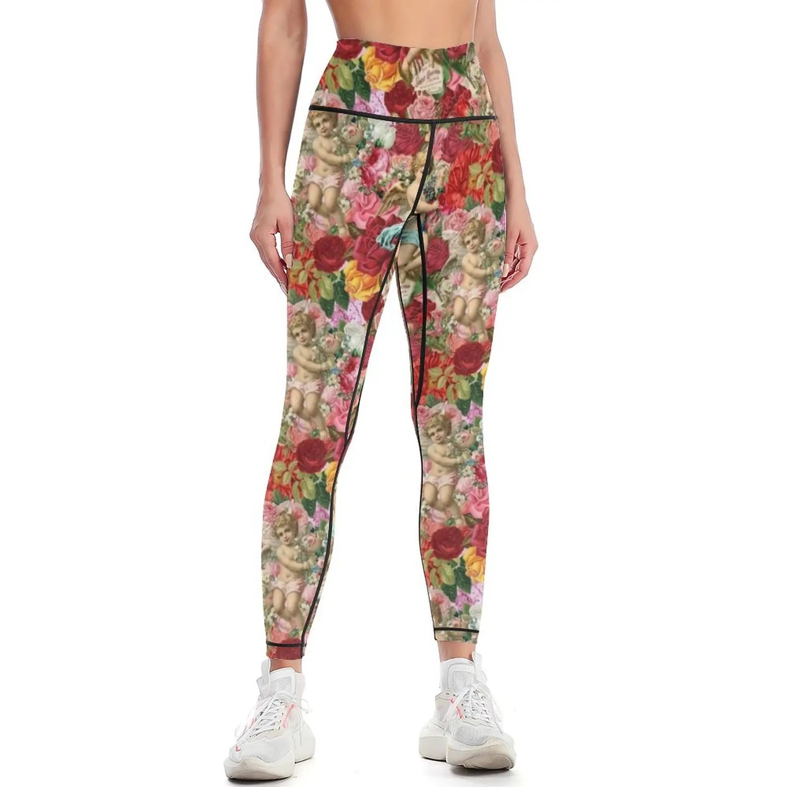 

Vintage Victorian Scrapbook Cherubs with Red Roses by Moose Disco Leggings Sweatpants Women's gym Womens Leggings
