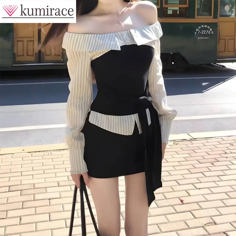 

New Korean Style 2026 Fashion Spring and Summer Contrasting Color Splicing Striped Design One Shoulder Top and Half Skirt Set