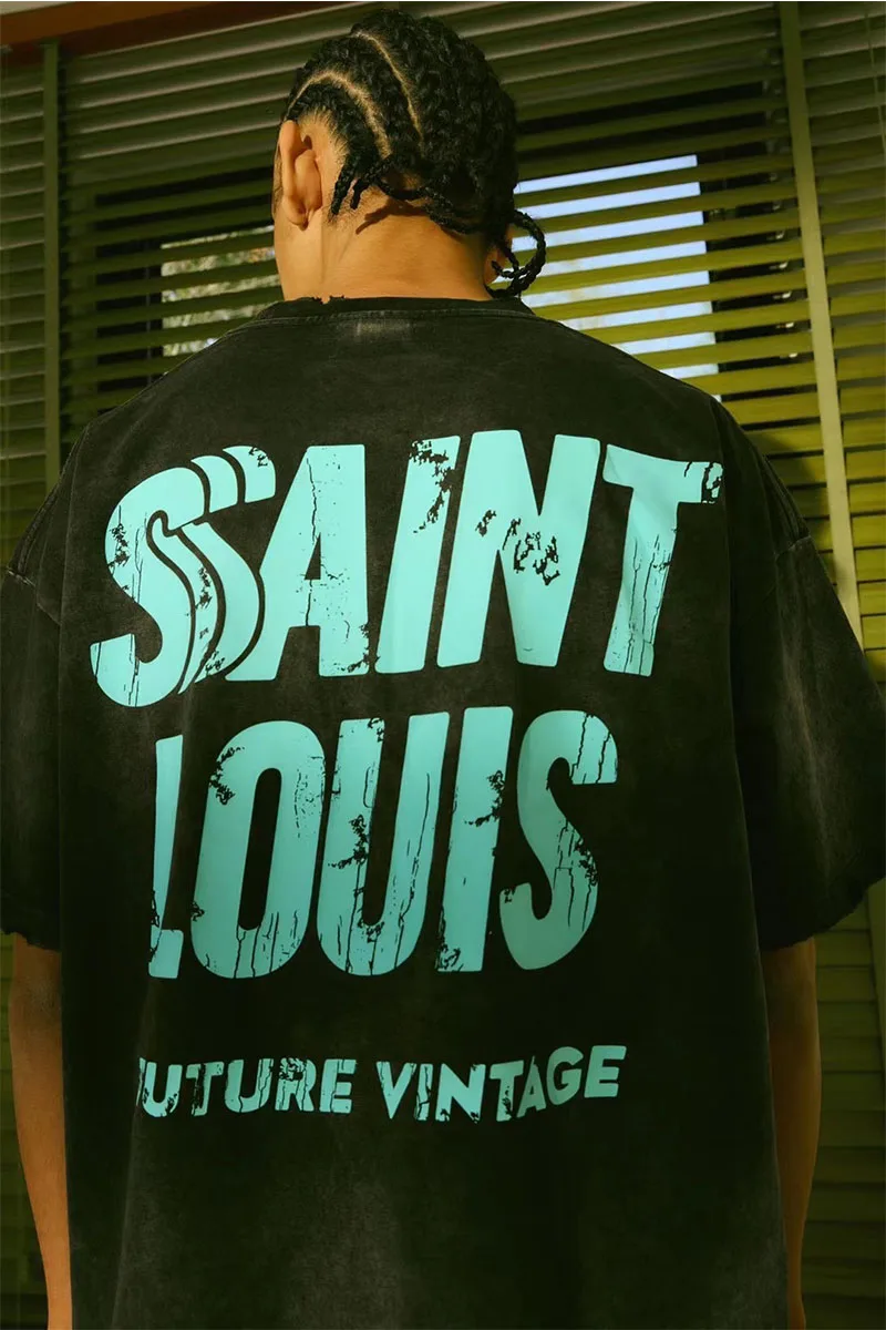 

Saint Louis American High Street Винтажная футболка ручной работы Dir Spray с логотипом ор Све круглая футболка Ne Свободного кроя Летний тренд