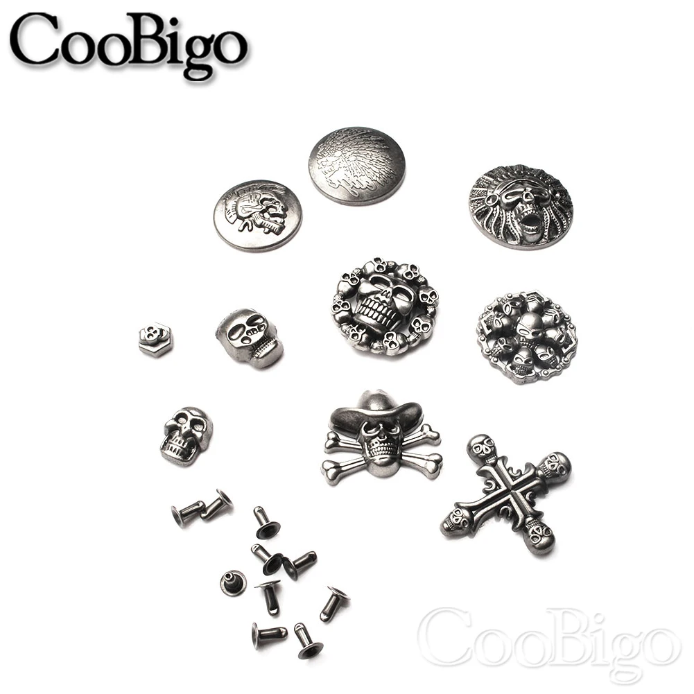 10Sets Metal Studs Rivets Spike Punk Riveter Cross Pirate Skull for Leather Clothes Belt Shoes DIY Craft Decoration Accessories