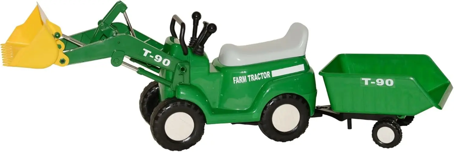 

Farm Tractor with Big Scoop and Removable Trailer Ride-On | Free wheeling| Realistic Engine Sound,Green, Large