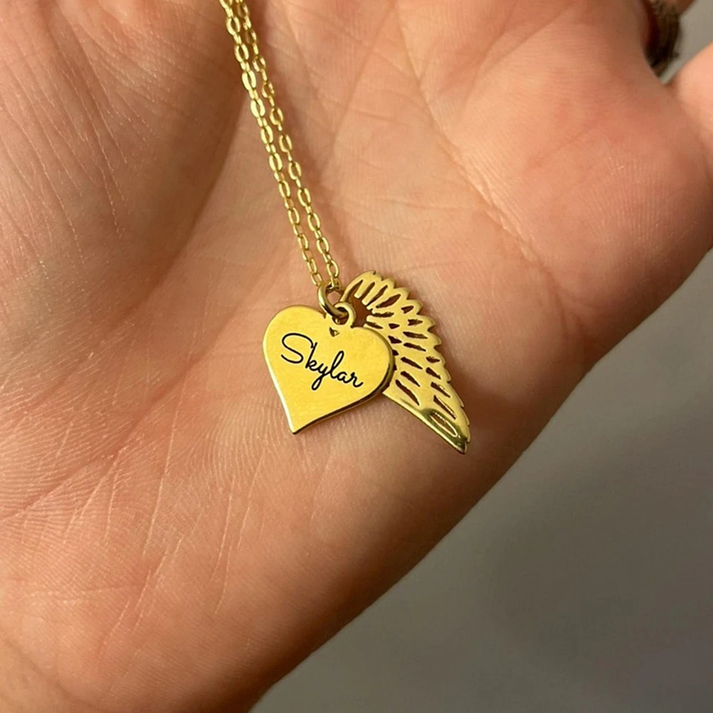 

Personalized Name Angel Wing Pendant Necklace Heart Charm Engraved Name Necklaces for Women Men Punk Jewelry Christmas Gifts