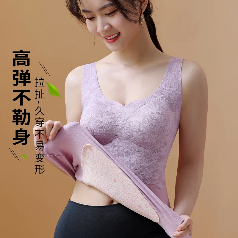 Wool Silk Thermal Underwear Fleece-lined Extra Thick Band Chest Long Sleeved Bottoming Self-Heating Lace Thermal Vest Underwear