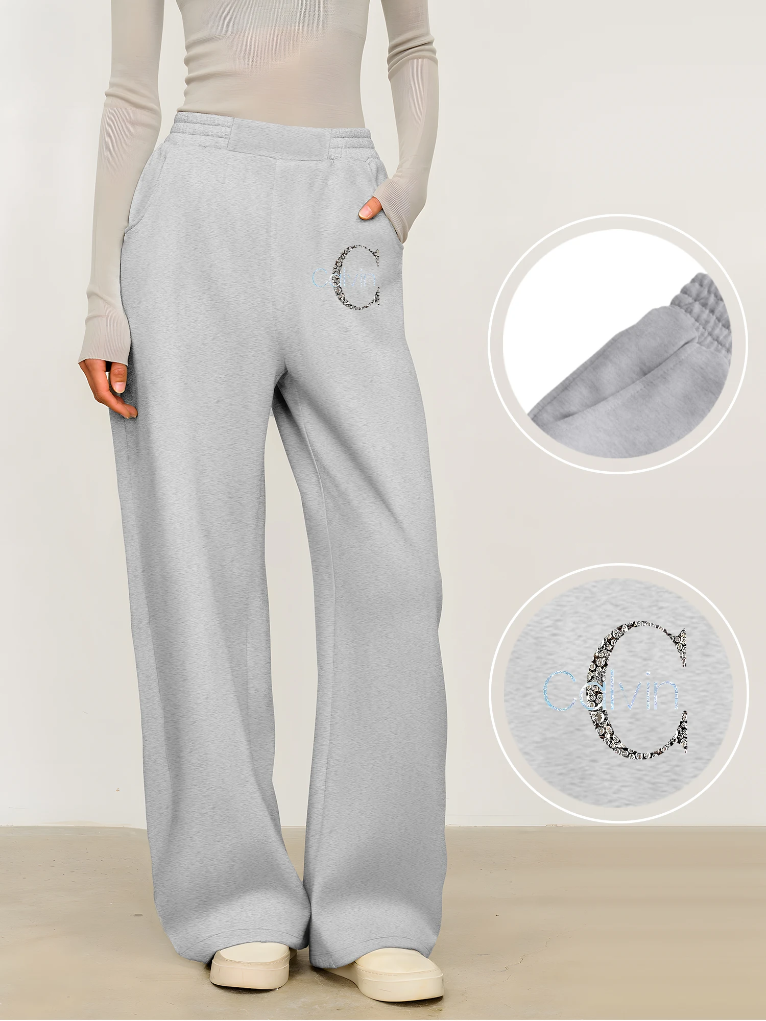 

Women's Calvin Rhinestone Letter Print Wide Leg Sweatpants, Elastic High Waist Casual Streetwear Trousers